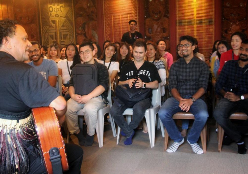 HAKA WORKSHOPS: Students from AUT learning actions songs with Tapeta Wehi from Te Wehi Haka